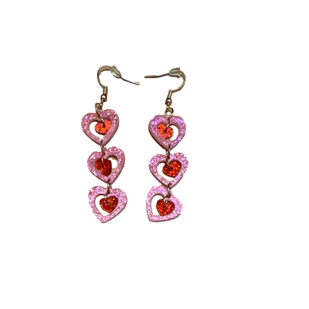 Pink and Red Heart Drop Earrings - Picture 1 of 1